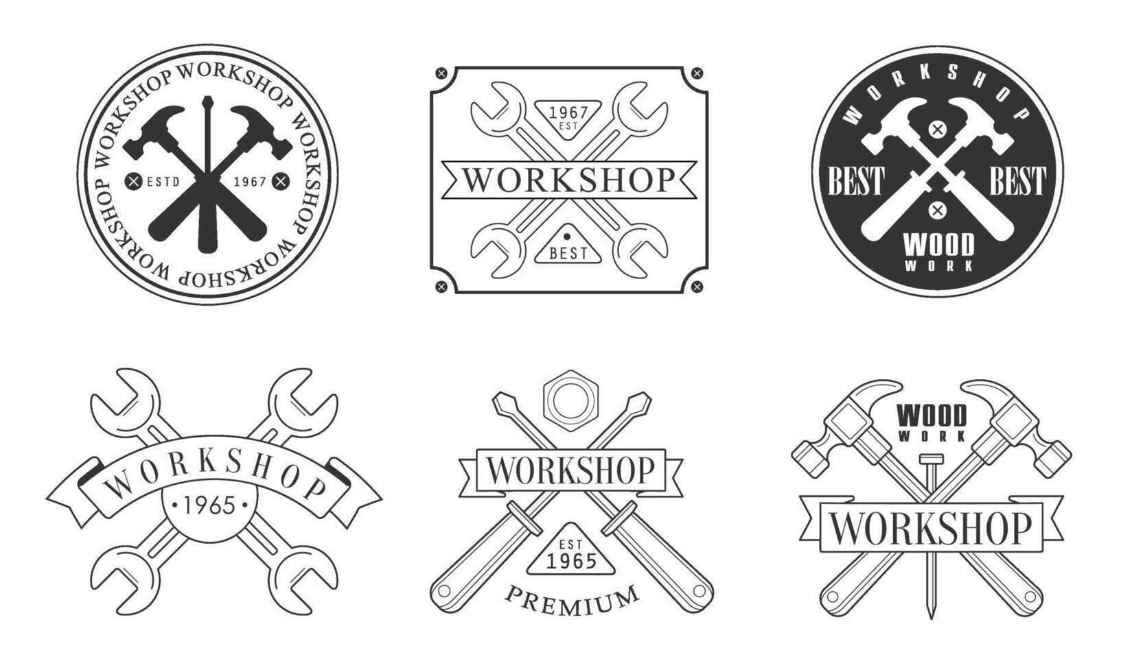 Set of black and white logos for the workshop. illustration. vector