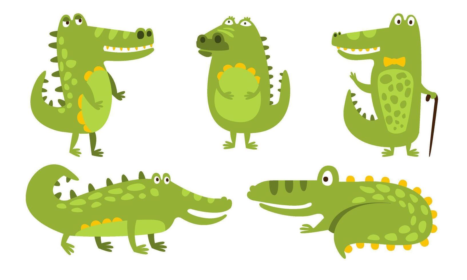 Set of humanized green with a yellow belly crocodiles. illustration. vector