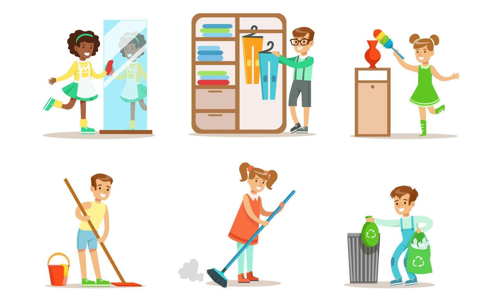 Cute Children Doing Housework Set, Boys and Girls Mopping and Sweeping Floor, Folding Clothes, Wiping Dust, Kids Helping Parents with Housekeeping Illustration vector