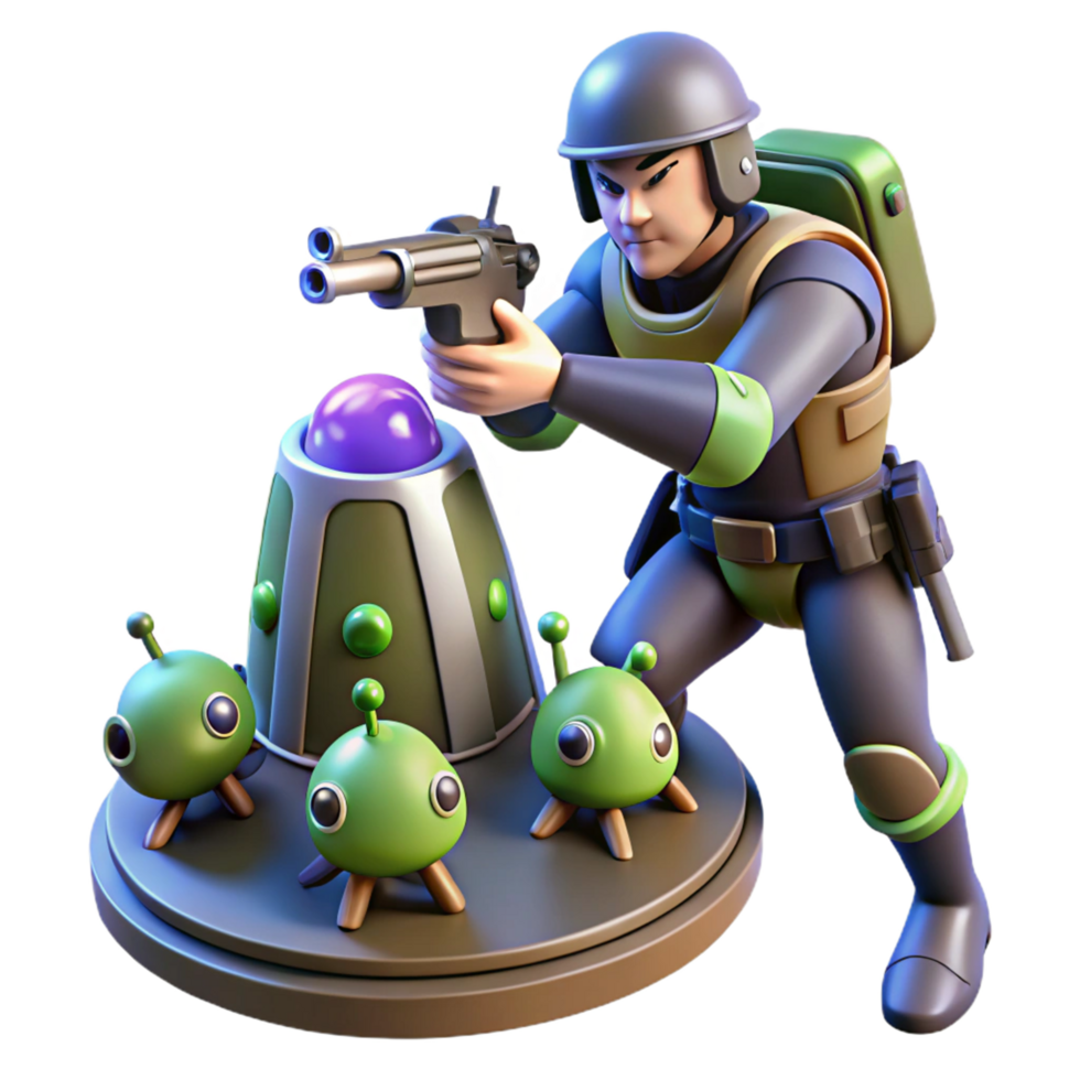 3D Render Soldier Defending Against Alien Invasion png