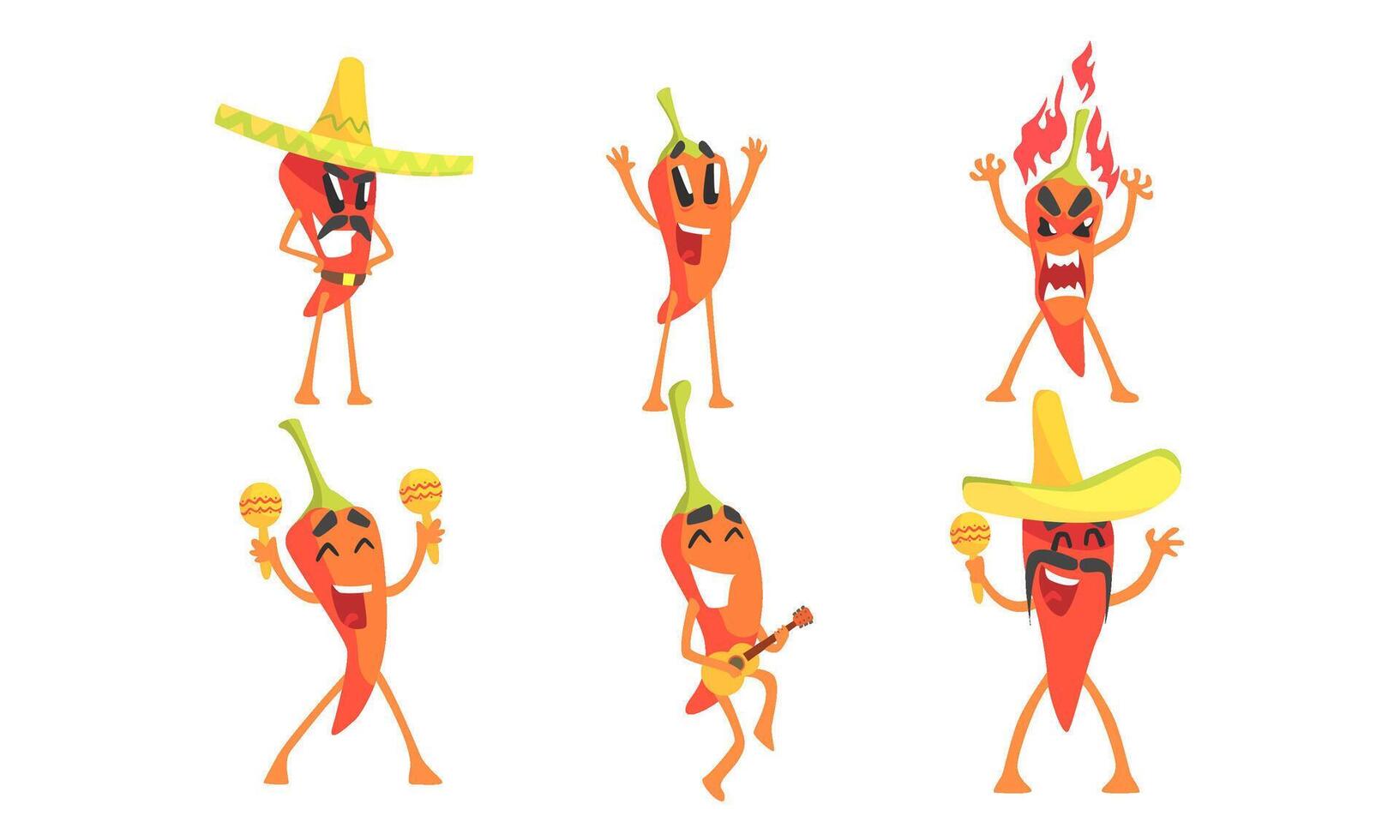 Set of humanized red hot chili peppers. illustration. vector