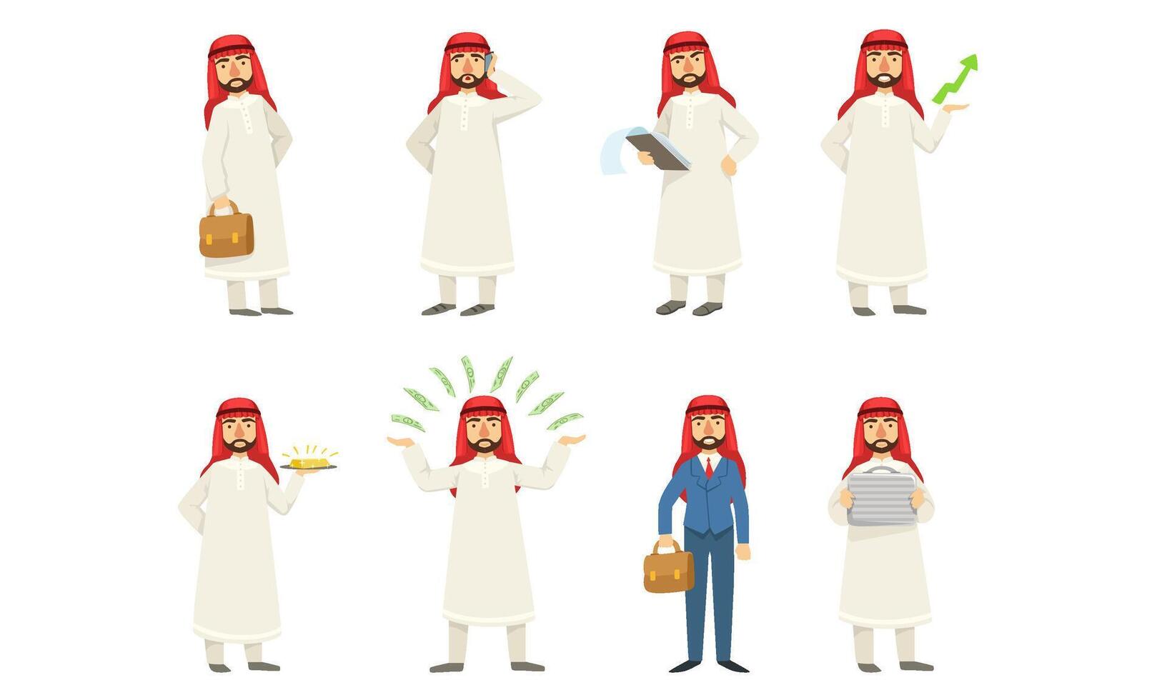 Set of images of arab men in white clothes. illustration. vector