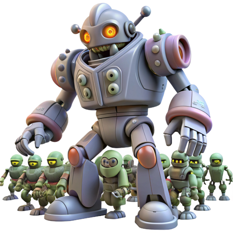 Giant Robot and Mini Robot Army A 3D Rendered Image png