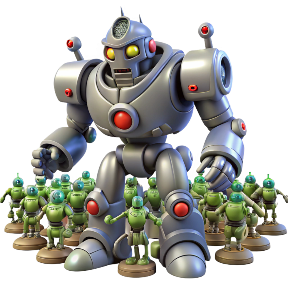 Giant Robot and its Mini Me Army A Futuristic Sci Fi Scene png