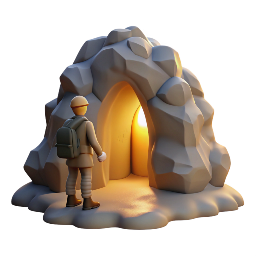 Explorer at Cave Entrance A 3D Render of a Person Exploring a Luminous Cave png