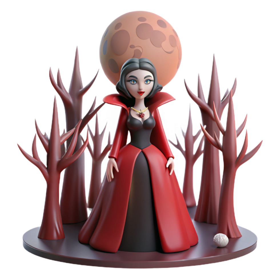Enchanted Forest Sorceress 3D Render of a Female Figure in Red Gown under a Full Moon png