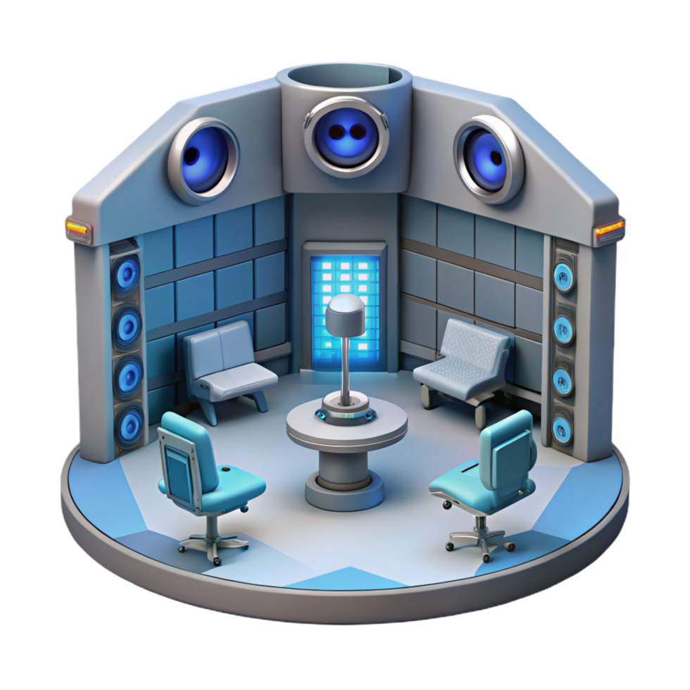 Futuristic Control Room 3D Render of Modern Soundproof Studio with Seating png