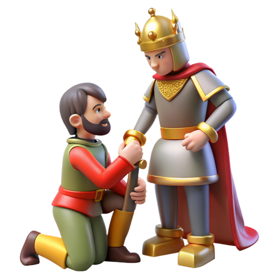 A Knight Presents a Sword to a King 3D Render png