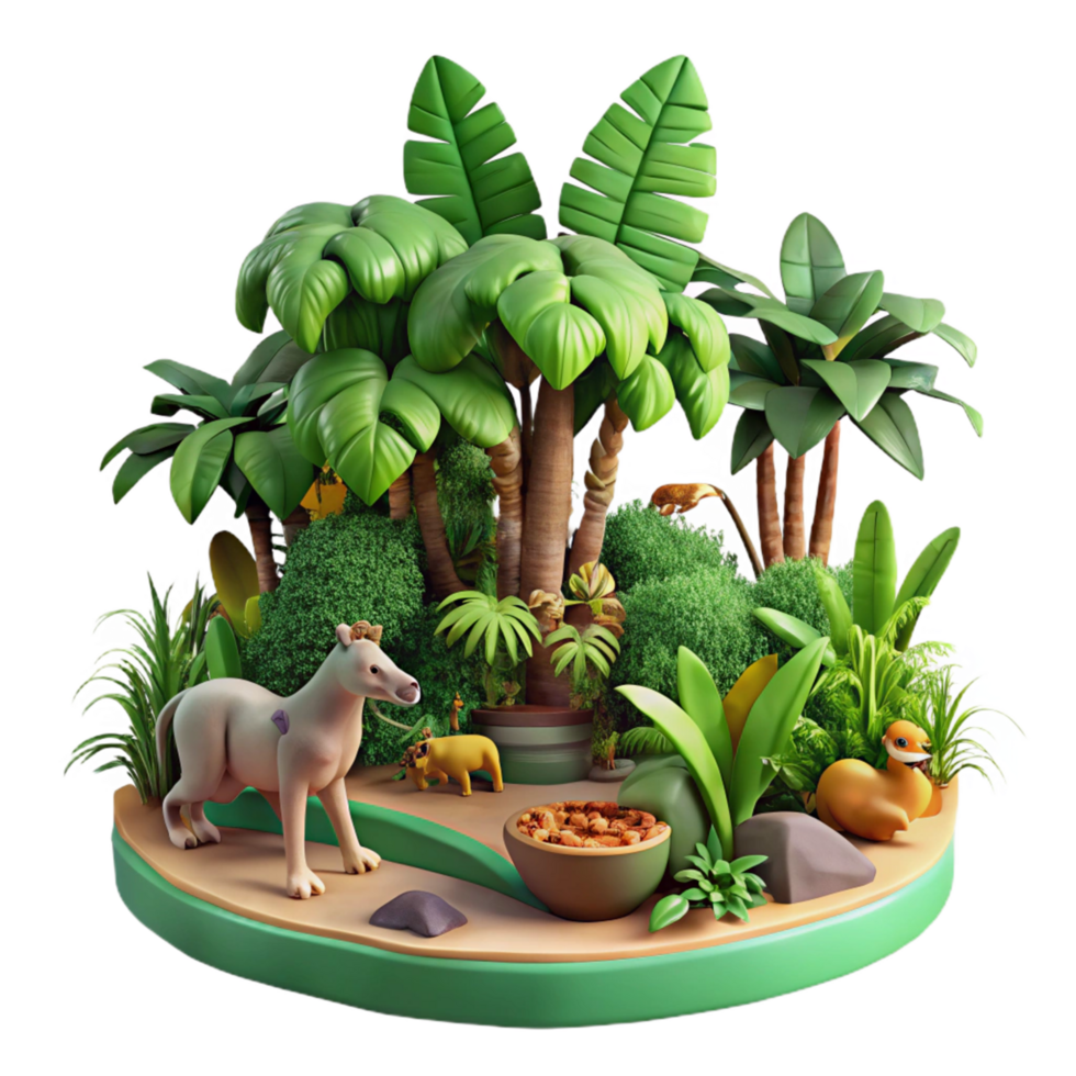 Tropical Island Oasis 3D Render of Lush Vegetation, Animals, and a Relaxing Scene png