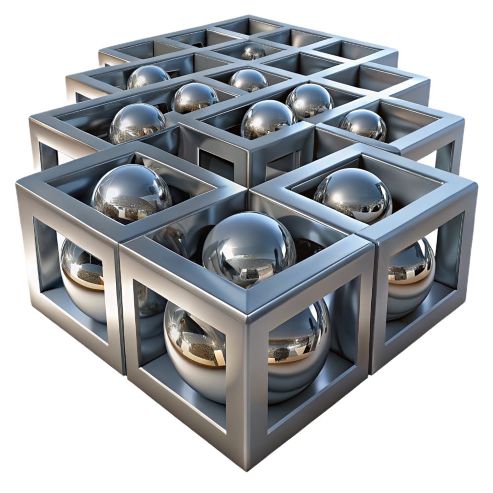 Metallic Spheres in Interlocking Cube Structure Abstract 3D Render png