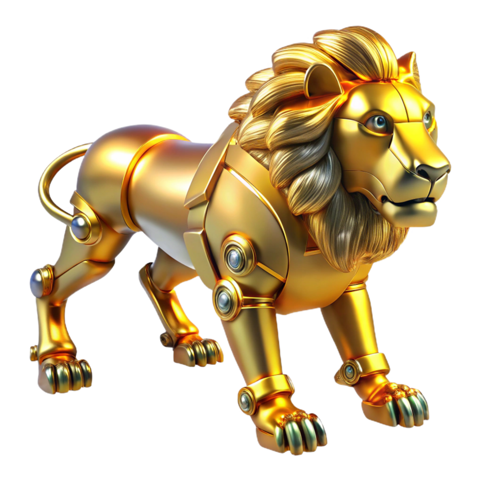 Golden Robotic Lion 3D Render of a Mechanical Apex Predator png