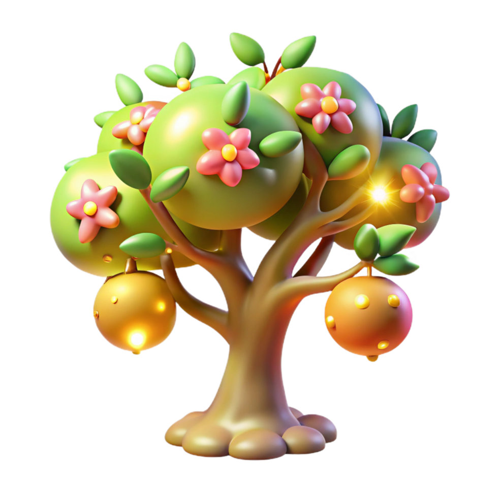 Glowing Fruit Tree 3D Render of Fantasy Tree with Flowers and Illuminated Fruit png
