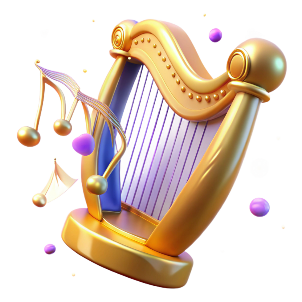dourado harpa com musical notas 3d render do uma clássico amarrado instrumento png