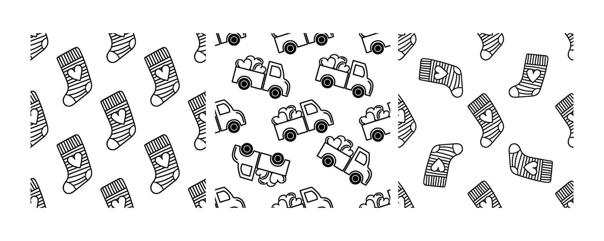 Seamless black and white patterns with cute socks and delivery trucks vector