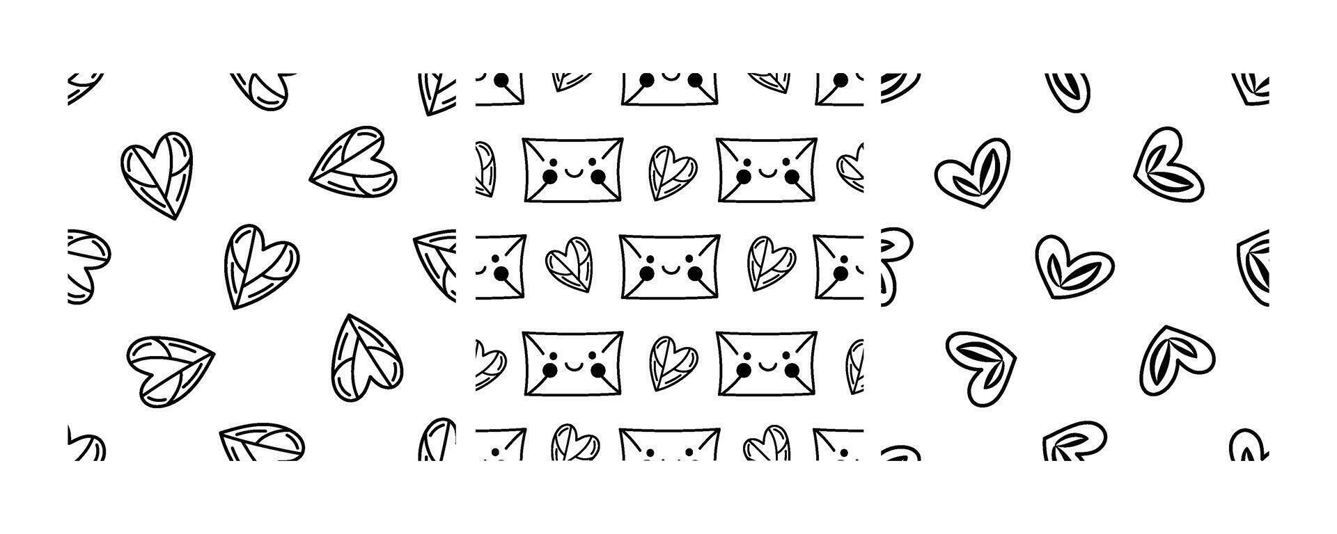 Seamless black and white patterns with hand drawn hearts and love letters vector