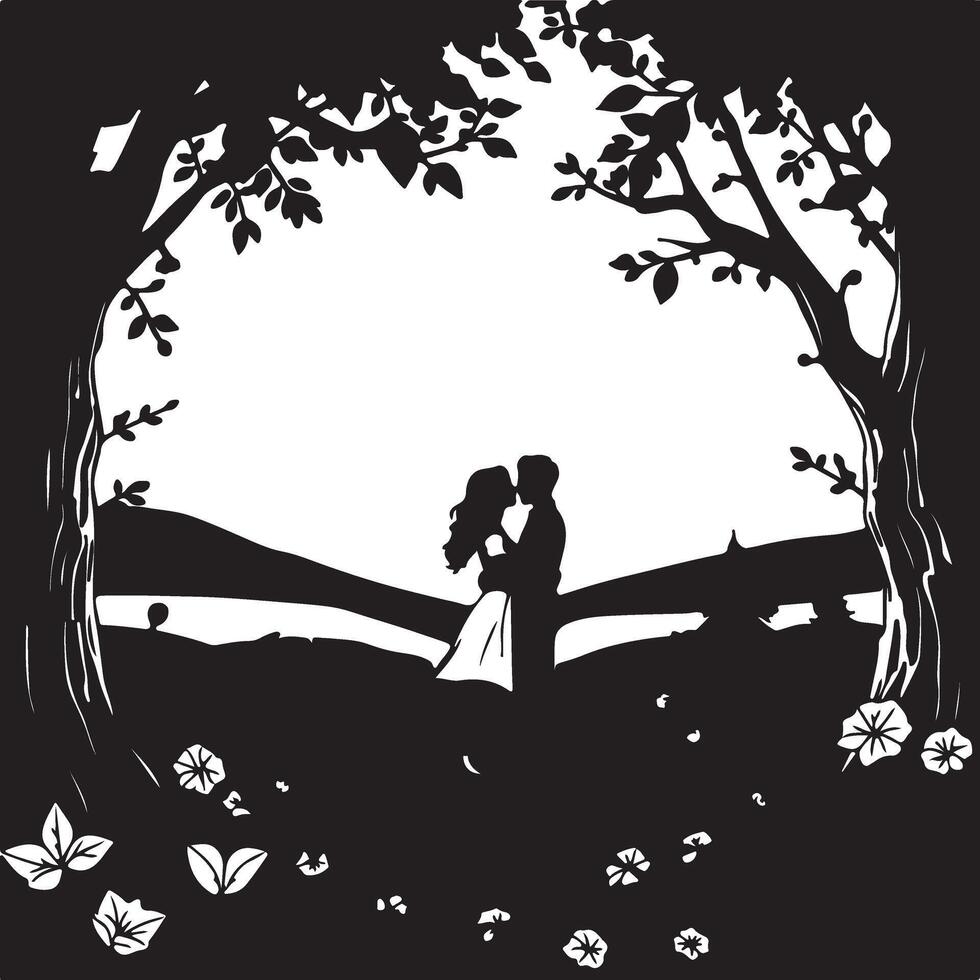 A silhouette of a couple kissing under a tree vector