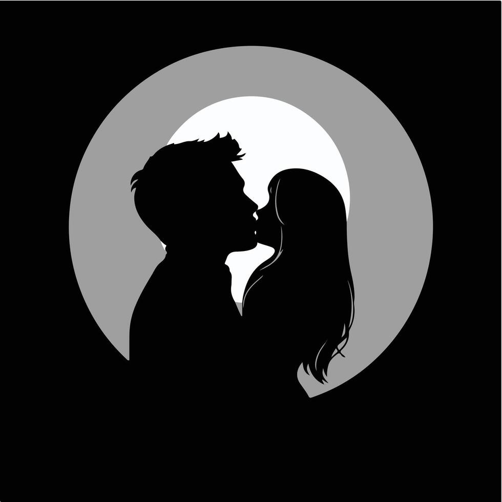 Silhouette of a couple kissing in front of a full moon vector