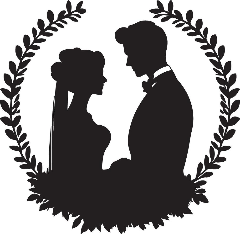 Silhouette of a bride and groom in a wreath vector