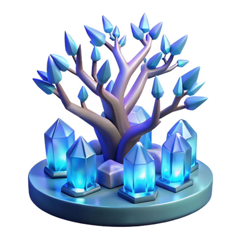 Enchanted Crystal Tree Fantasy Art, 3D Render, Luminescent Gems png