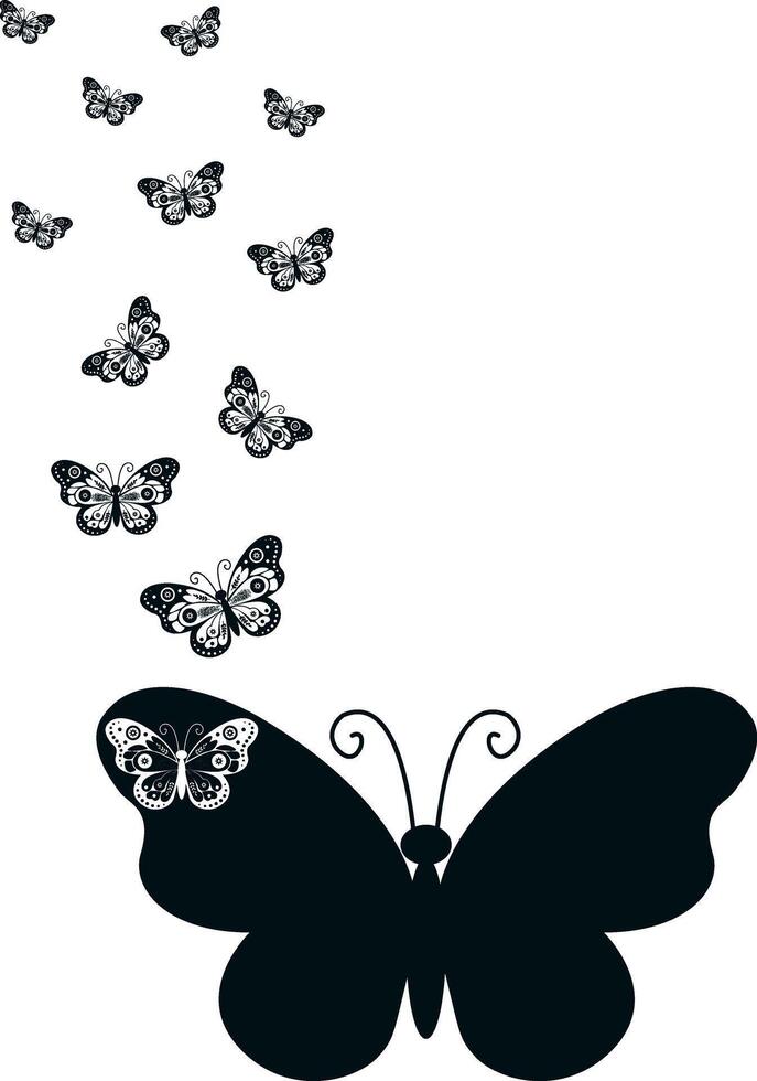 Elegant butterfly silhouette with smaller intricate butterflies flying away, for tattoo designs, greeting cards, branding, wall art, and creative projects. illustration vector