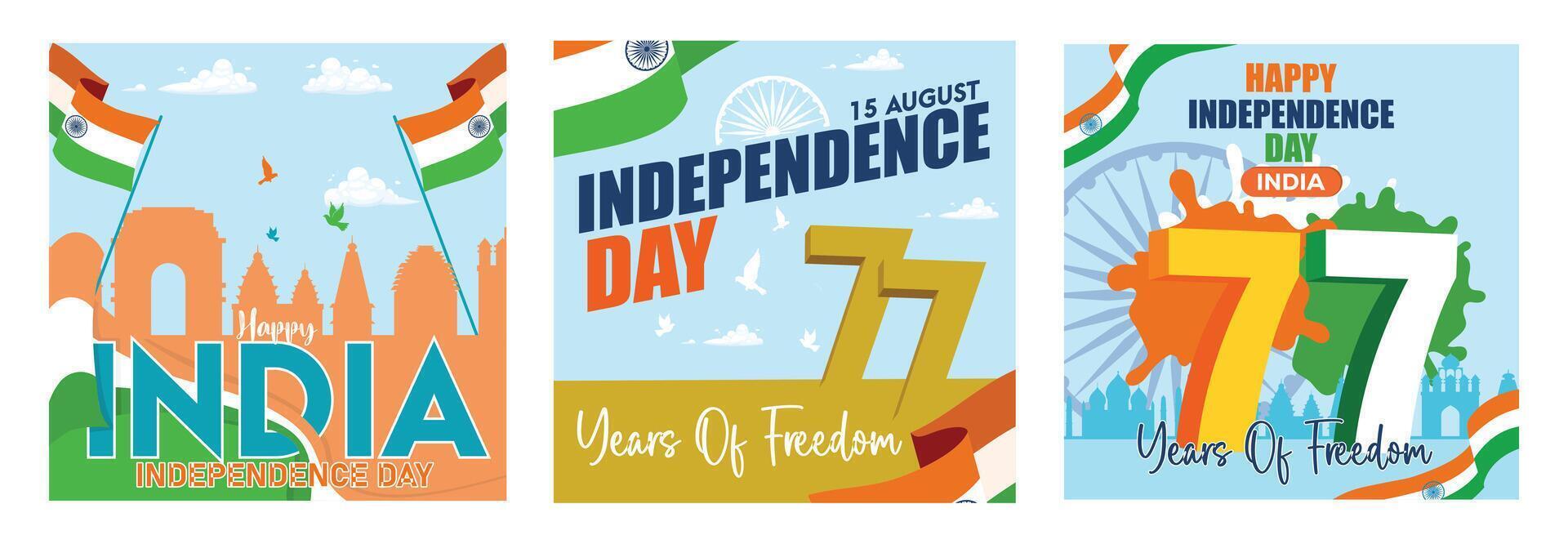 Vibrant celebrations of India's 77th Independence Day anniversary featuring national themes. vector