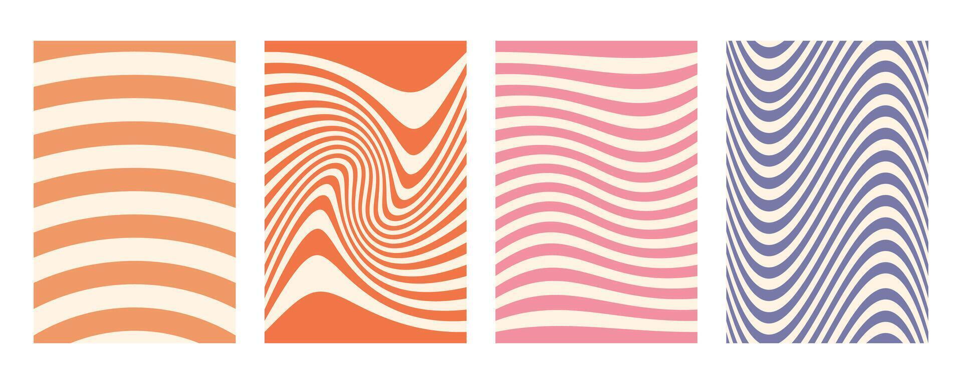 Groovy distorted wave stripe set. Hand drawn groovy, hippie backgrounds. Distorted uneven stripes, warped streaks, fluid liquid wavy lines, doodle waves. Striped rectangle templates collection. vector