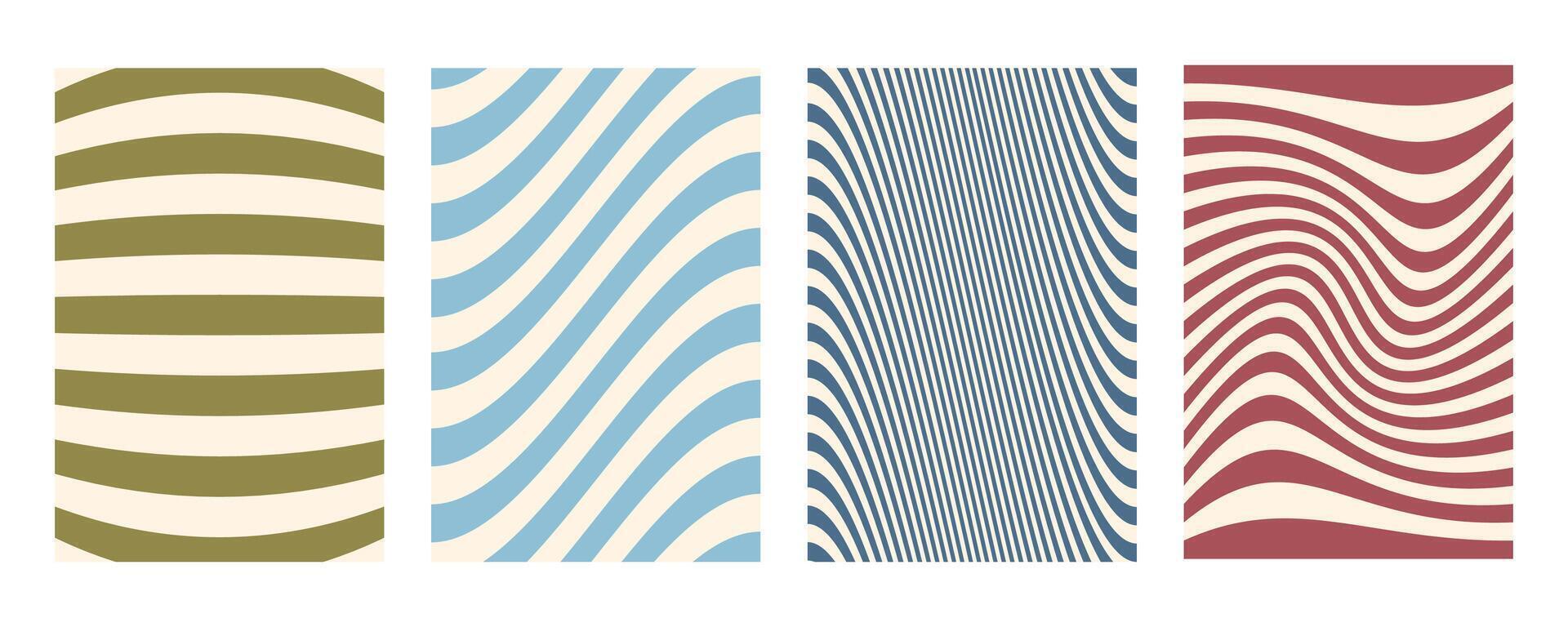 Groovy wave stripe distorted set. Hand drawn groovy, hippie backgrounds. Distorted uneven stripes, warped streaks, fluid liquid wavy lines, doodle waves. Striped rectangle templates collection. vector
