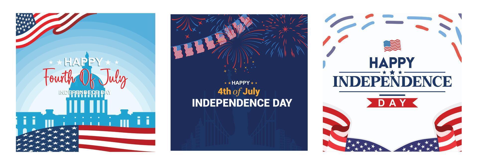 Patriotic Fourth of July posters celebrating Independence Day with American flags and fireworks. vector