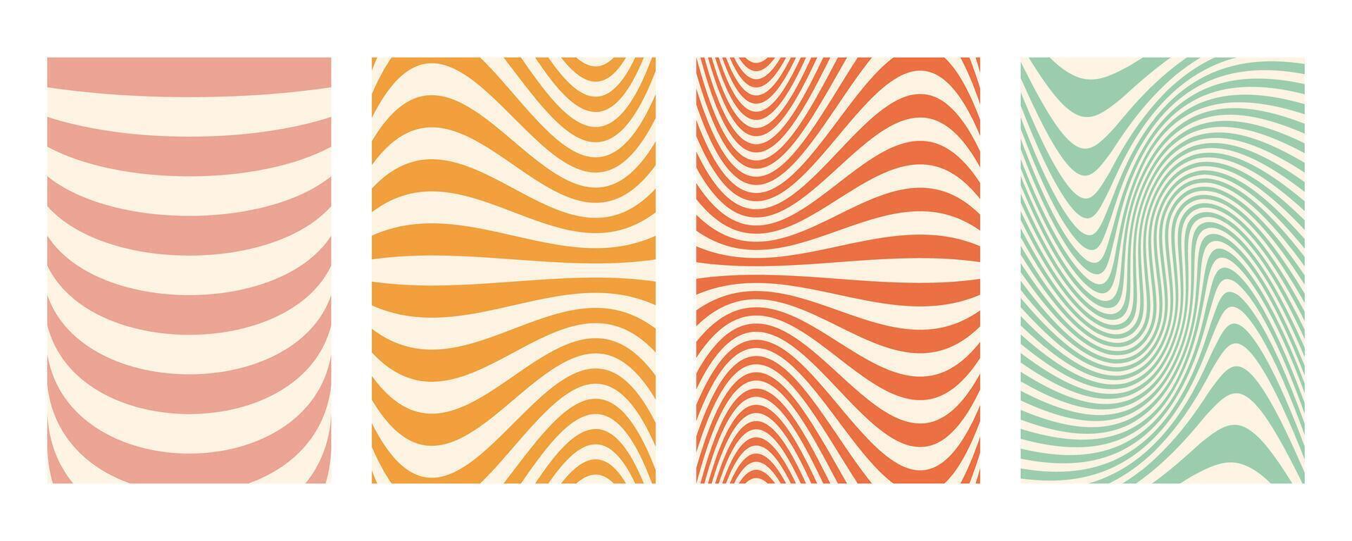 Groovy wave stripe set distorted. Hand drawn groovy, hippie backgrounds. Distorted uneven stripes, warped streaks, fluid liquid wavy lines, doodle waves. Striped rectangle templates collection. vector