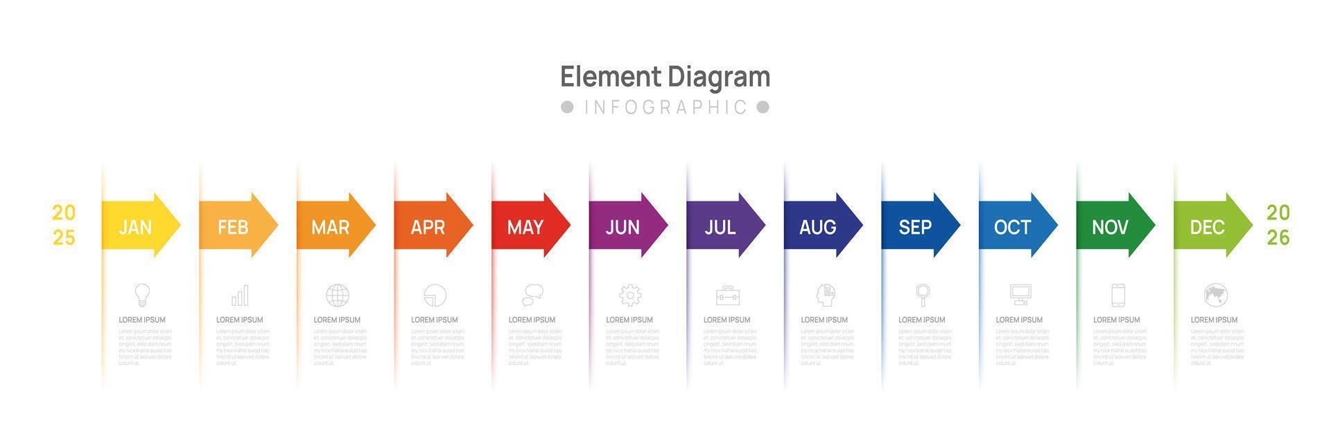 Infographic arrow template for business. 12 Months modern Timeline element diagram calendar, presentation infographic. vector