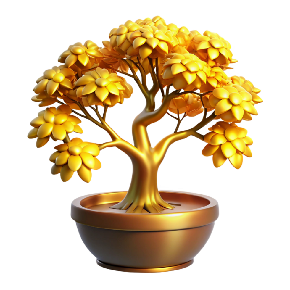 Golden Bonsai Tree 3D Render of a Decorative Gold Plant in a Pot png