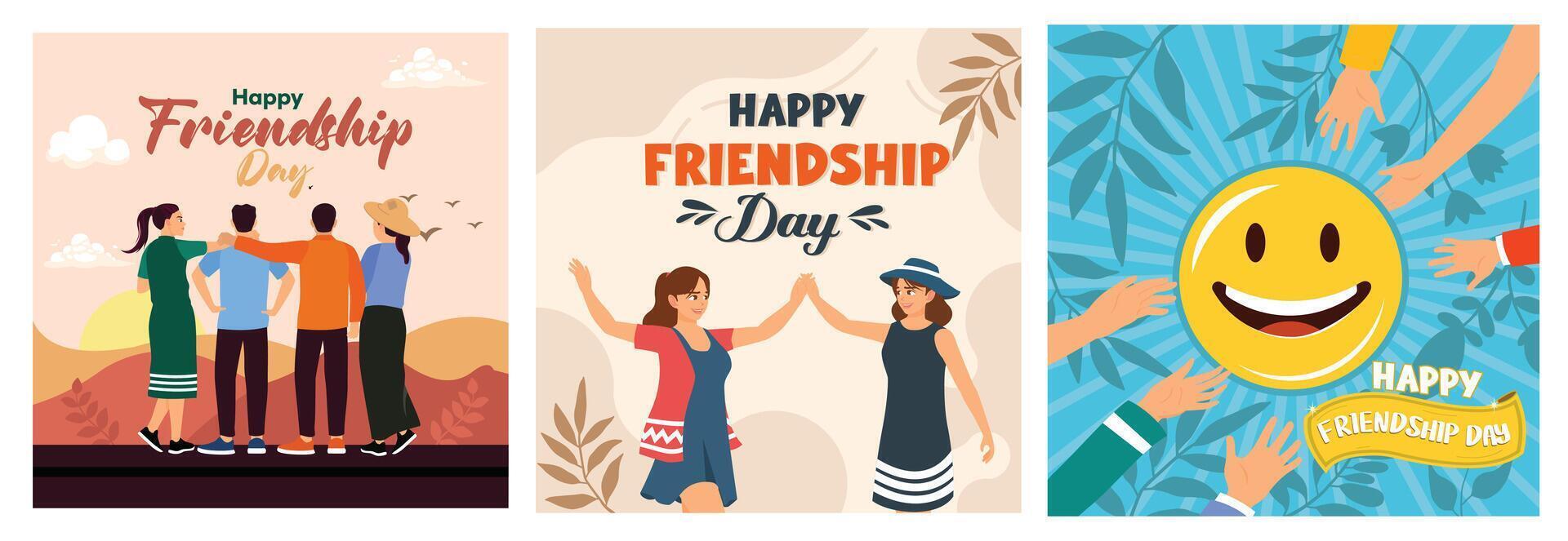 Set of Friendship Day greeting illustrations with smiling faces and hugging friends. vector