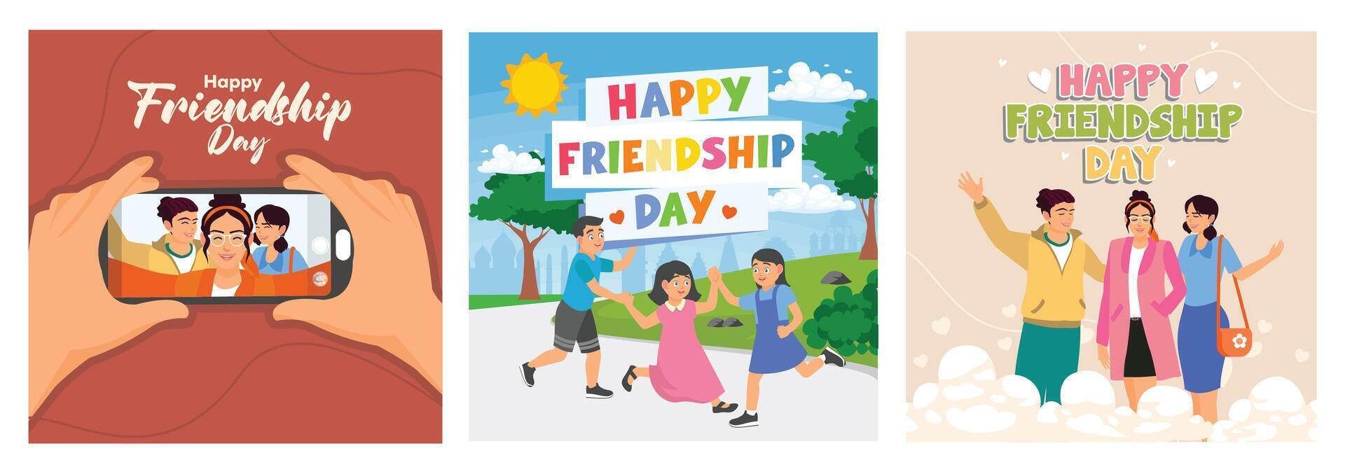 Happy Friendship Day celebrations depicting people enjoying together in vibrant activities. vector