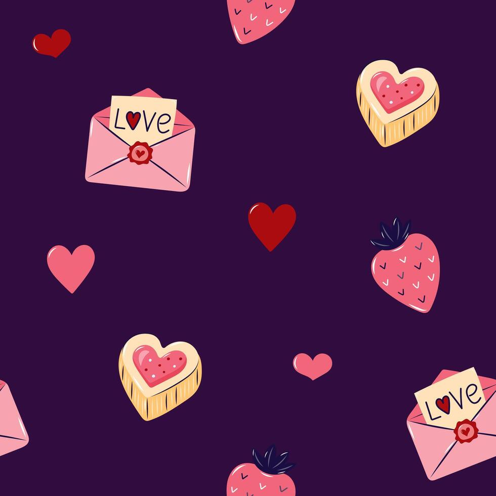 Valentine's Day Seamless pattern with envelopes, hearts and love note. Cute background for textiles and packaging. On dark background. illustration. vector