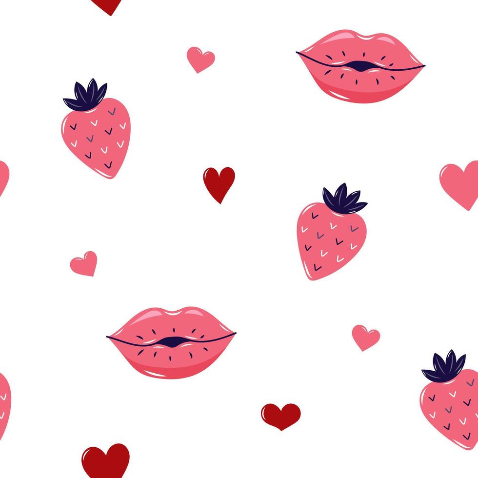 Valentine's Day Seamless pattern with strawberry and Kissing lips. Cute background for textiles and packaging. On white background. illustration. vector