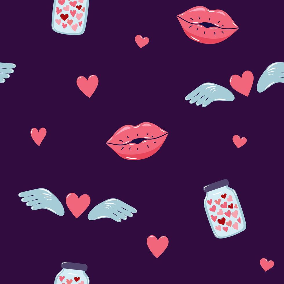 Valentine's Day Seamless pattern with hearts and Kissing lips. Cute background for textiles and packaging. On dark background. illustration. vector