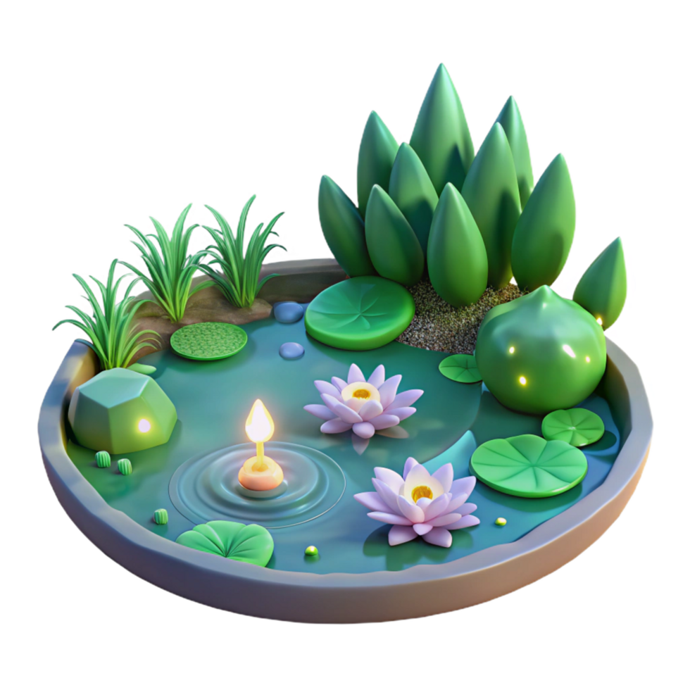 Serene Lotus Pond with Candlelight 3D Render of a Tranquil Water Garden png