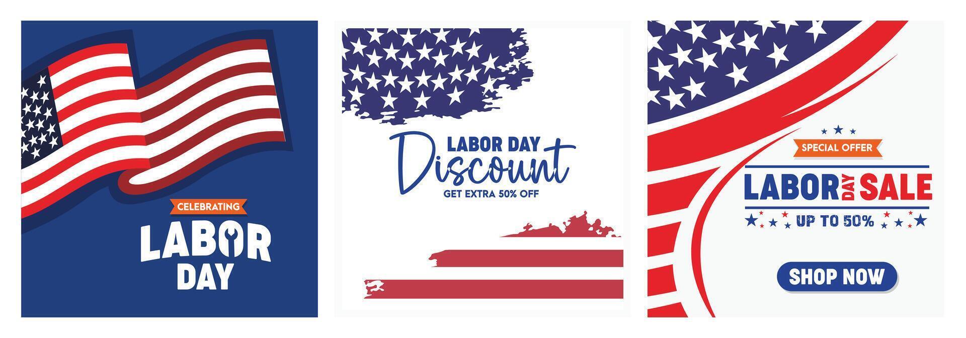 Labor Day promotional designs with American flag graphics. vector