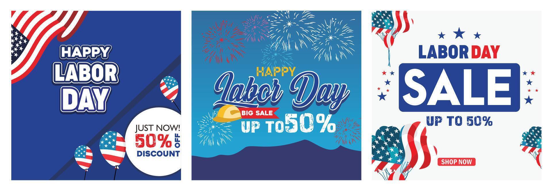 Labor Day sale advertisements featuring discounts and festive American flag elements. vector