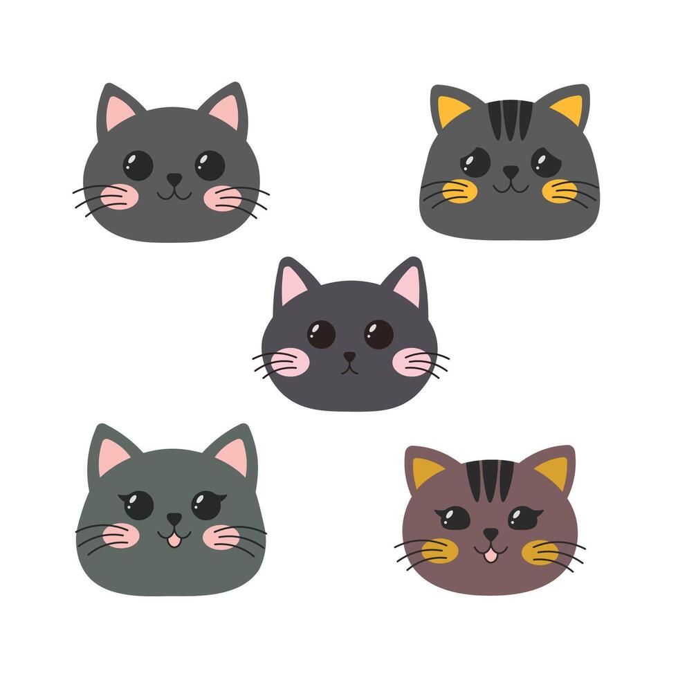 Set of Adorable Grey Cat Kitten Head Mascot Cartoon Character with Happy Expression vector