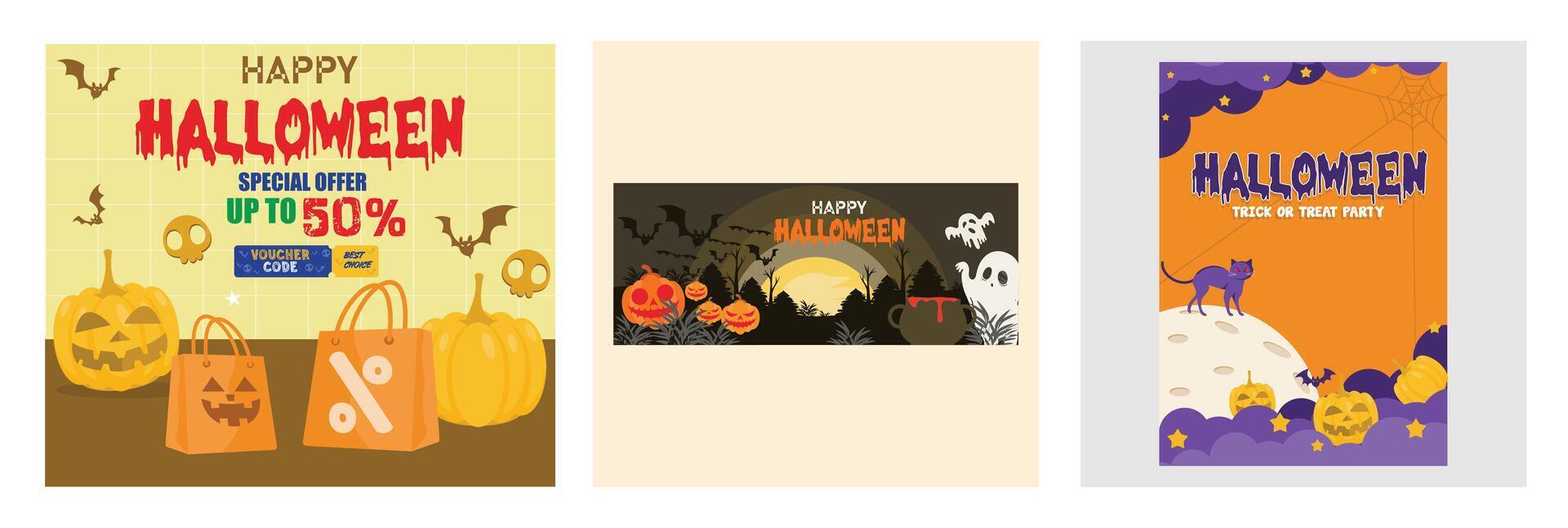 Festive Halloween graphics featuring pumpkins, ghosts, cats, and special offers. vector
