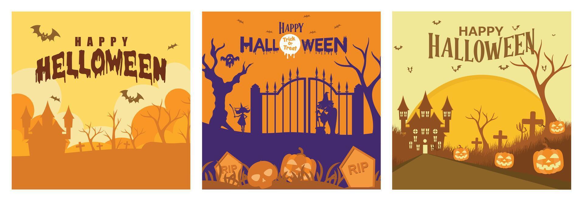 Set of Halloween-themed illustrations featuring spooky scenery and festive graphics. vector