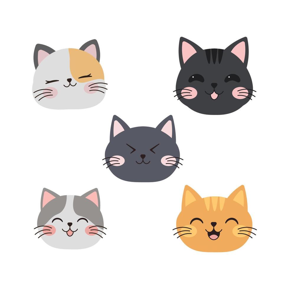 Set of Adorable Cat Animal Kitten Head Mascot Cartoon Character with Happy Expression vector