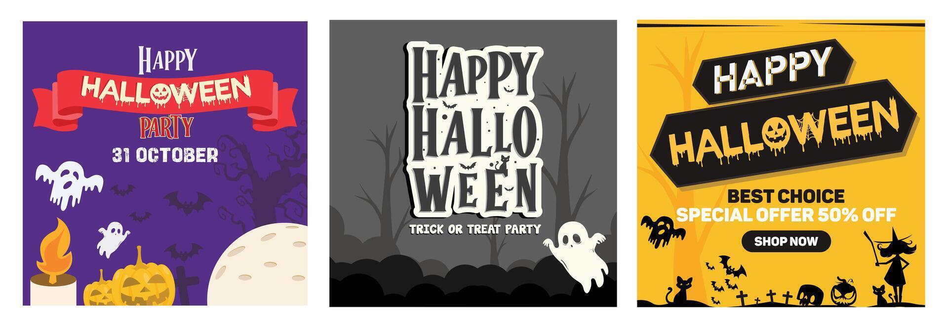 Set of festive Halloween party posters with event announcements. vector