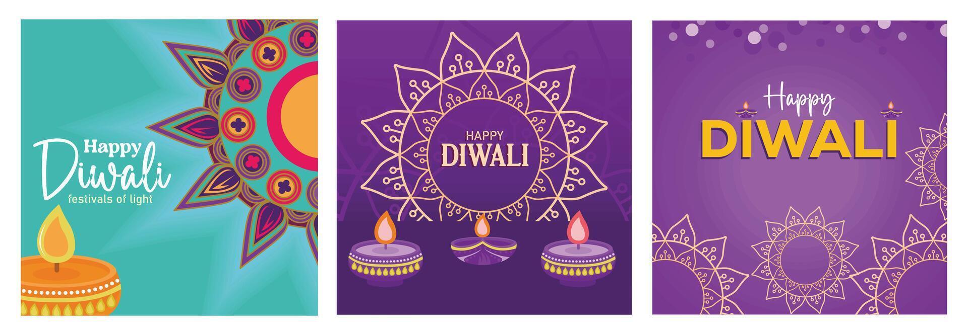 Colorful Diwali festival greeting cards with traditional lamps and mandala designs. vector