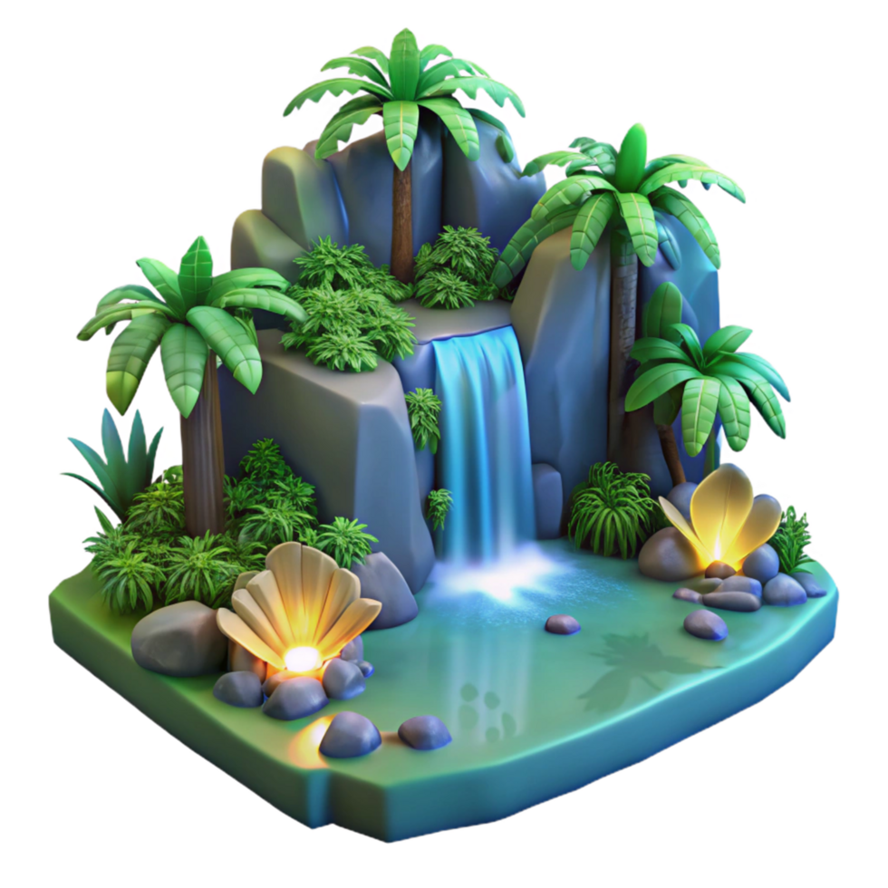 Serene Waterfall Oasis 3D Render of Lush Tropical Landscape png