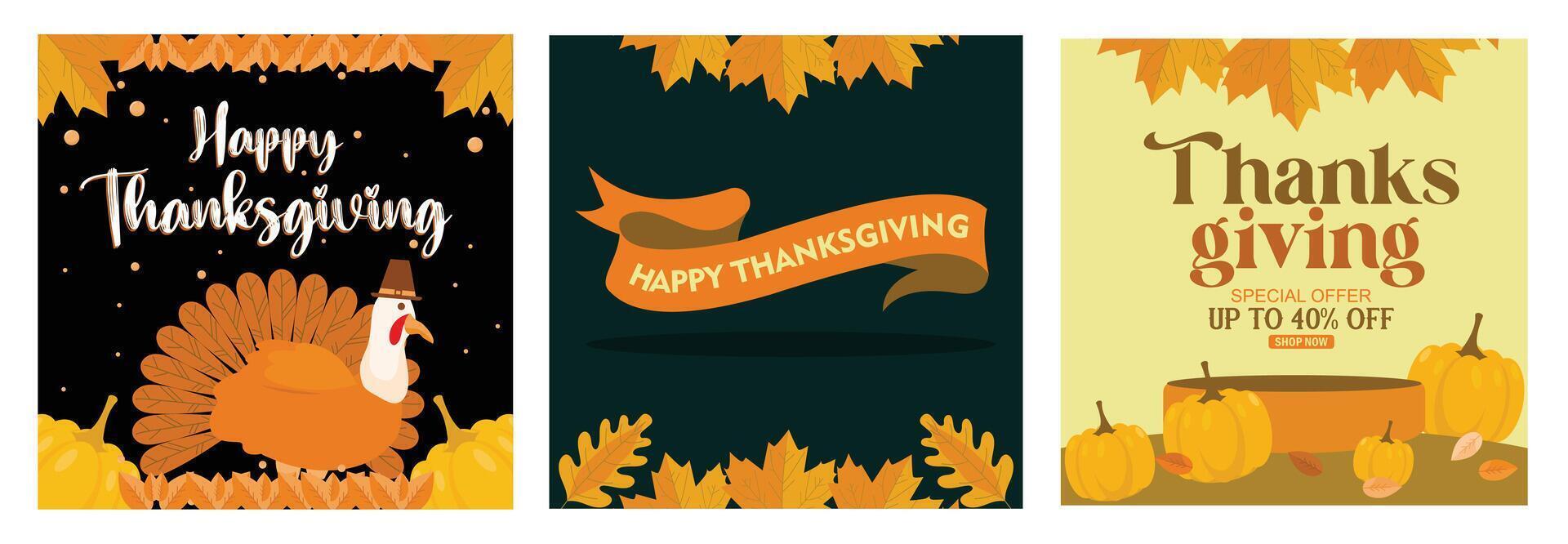 Festive Thanksgiving banners with seasonal themes and decorative illustrations. vector