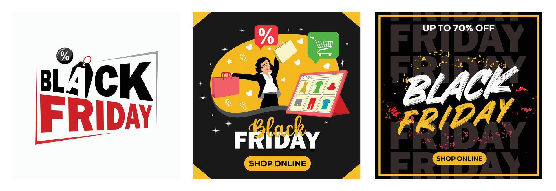 Black Friday digital Promotion graphics featuring icons and bold typography. vector