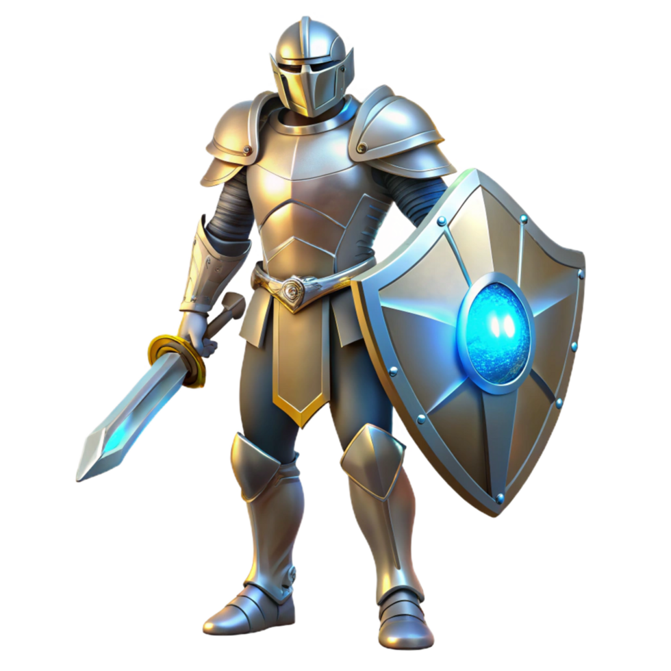 Fantasy Knight 3D Render of Armored Warrior with Sword and Shield png