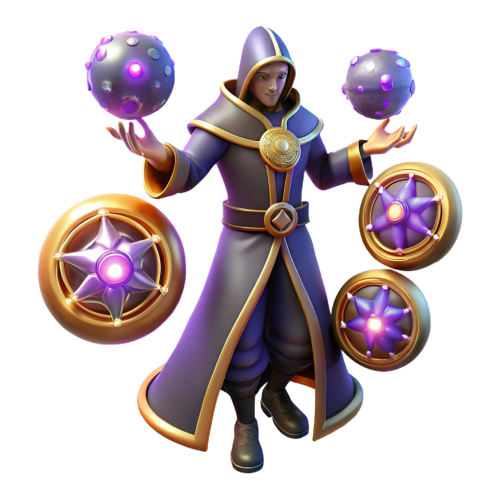 Mystic Wizard with Glowing Orbs and Star Discs png